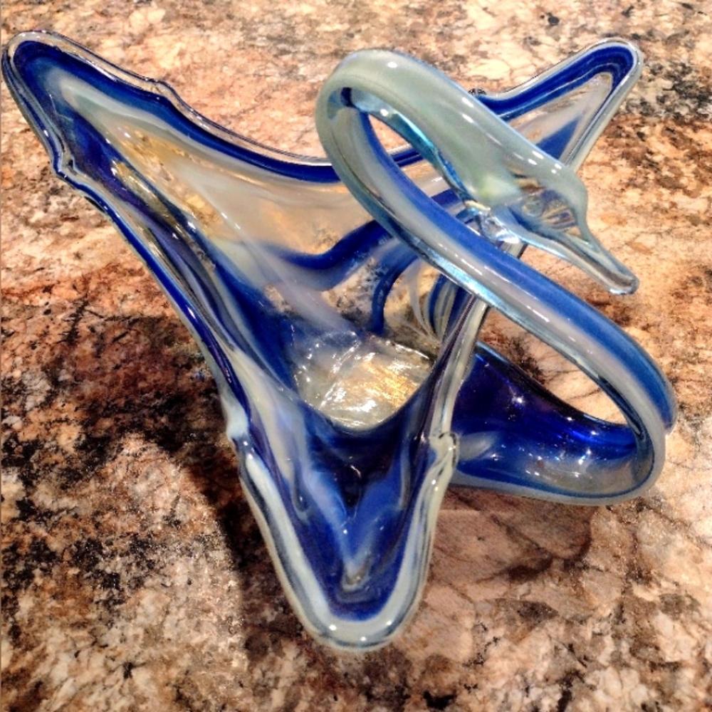 Vintage Art Glass Swan Large Hand Blown Sooner Style Cobalt Blue Swirl Bowl